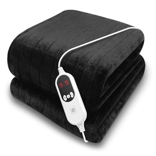 Image of Purus Black XL Heated Throw Electric Blanket, 180 x 130cm Heated Blanket Machine Washable Soft Micro Fleece Electric Throw Overblanket with 12HR Timer and 9x Control Heat Settings