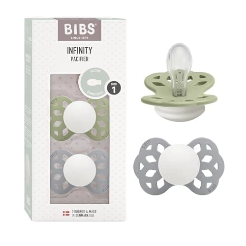 Image of BIBS Infinity Symmetrical Glow in the Dark Soother 2-Pack, BPA Free, Symmetrical Nipple. Silicone, Made in Denmark, Size 1 (0-6 Months), Sage Glow/Cloud Glow