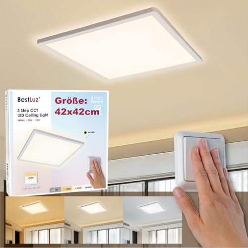 Image of BestLuz LED Ceiling Light Level 3 CCT 42 x 42 cm 3000K/4000K/6500K 24W 2800lm ip44 LED Flat Panel Ceiling Light with LED Backlight Effect for Living Room, Bedroom, Kitchen, Bathroom, Ultra Slim