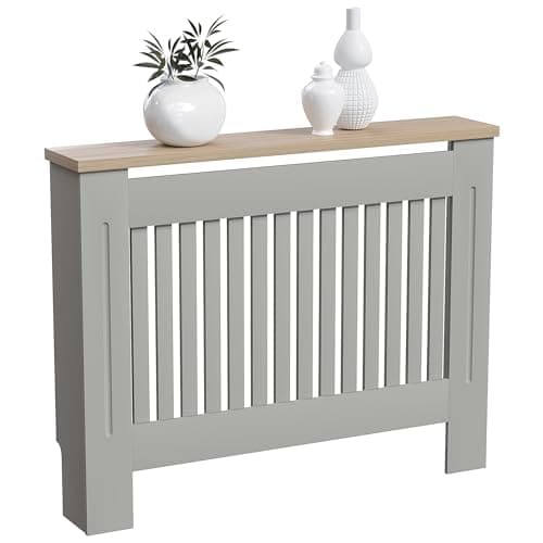 Image of Vida Designs Arlington Radiator Cover Olive Grey - Medium - Modern Shaker Style Vertical Slat Design For Optimal Heat Circulation - H83.3xW111xD19cm - Painted MDF Cabinet with Wood Top Shelf