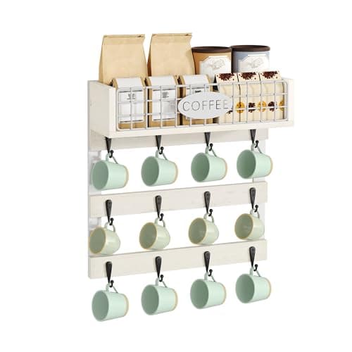 Image of YITAHOME Wall-Mounted Mug Holder with 12 Hooks, Metal Storage Shelf with Guardrail, White Cup Organizer for Kitchen, Dining Room, and Coffee Bar
