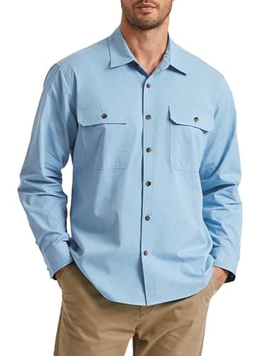 Image of Enlision Men's Long Sleeve Shirt Casual Hard-Wearing Washed Blue Shacket Overshirt with Double Flap Pockets M