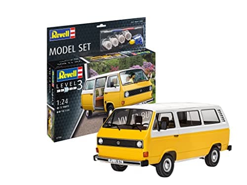 Image of Revell Model Set 67706 VW T3 Bus 1:25 Scale Unbuilt/Unpainted Plastic Model Kit with Contacta Professional Glue, Paintbrush & Selected Aqua Color Paints