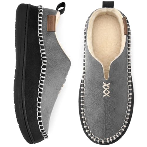 Image of EverFoams Men's Micro Suede Memory Foam Moccasin Slippers with Fuzzy Sherpa Lining and Anti-skid Sole Grey Size 8 UK