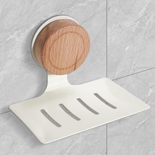 Image of White Suction Soap Dish for Shower, Oak Rotating Knob Wall Mounted Soap Holder with Anti-Mold & Self Draining, Drill-Free, Adhesive, Max Hold 5kg