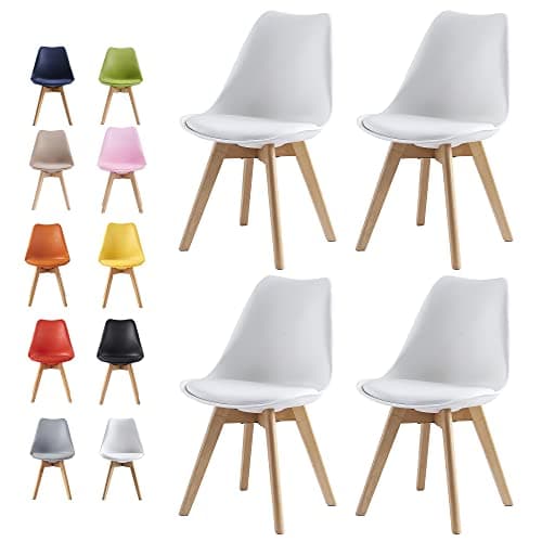 Image of mcc direct Set of 4 Dining Chairs Wooden Legs Soft Cushion Pad Stylish DELUXE Retro Lounge Dining Office EVA (White)