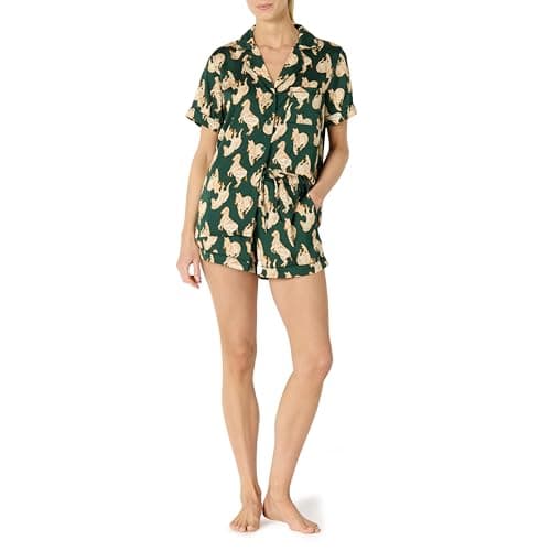 Image of Amazon Essentials Women's Satin Short Sleeve Button-Down Top and Short Sleepwear Set, Dark Green Beige Zebras, M