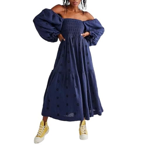 Image of FeMereina Women Floral Embroidered Maxi Dress Long Puff Sleeve Square Neck Bohemian Flowy Dress with Pockets Smocked Sundress (Navy Blue, L)