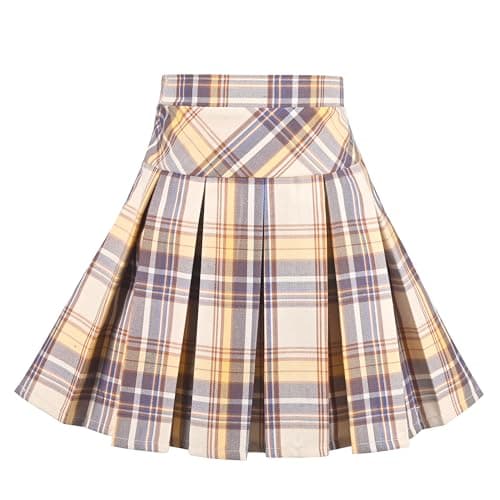 Image of Girls Skirt Tan Mustard Gingham Pleated Elastic Student Everyday Outdoor Summer Age 13-14 Years
