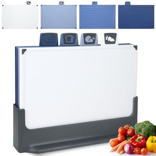 Image of IAGORYUE Index Chopping Board Set, 4-Piece Colour Coded Thick Plastic Chopping Boards with Storage Stand,BPA Free Kitchen Cutting Boards with Non Slip Feet & Juice Groove for Meat Vegetable Bread Fish
