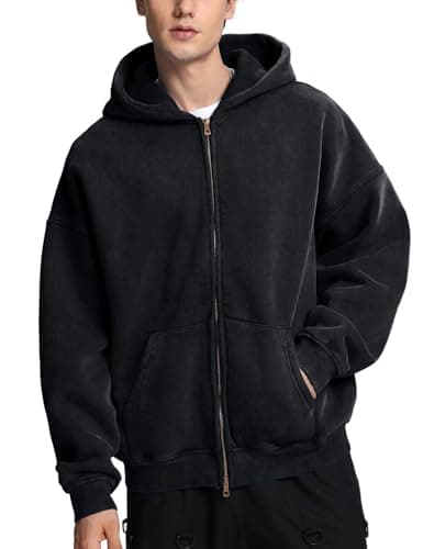 Image of Dnzzs Mens Zip Up Hoodie Oversized Acid Wash Hoodie Heavyweight Fleece Full Zipper Vintage Sweatshirt Fall Fashion Zip Jacket, Black, XXL