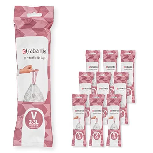 Image of Brabantia 137686 PerfectFit Bin Liners Multipack (Size V/2-3 Litre) Thick Plastic Trash Bags with Tie Tape Drawstring Handles (200 Bags), White
