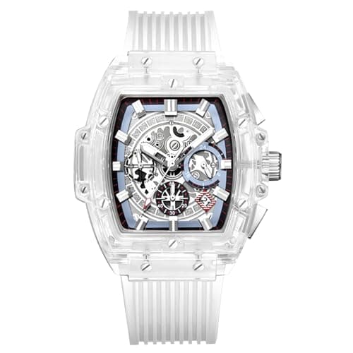 Image of RORIOS Men's Transparent Tonneau Wrist Watch Analogue Quartz Watch Multifunctional Fashion Watch Waterproof Chronograph Watch with Silicone Strap White A