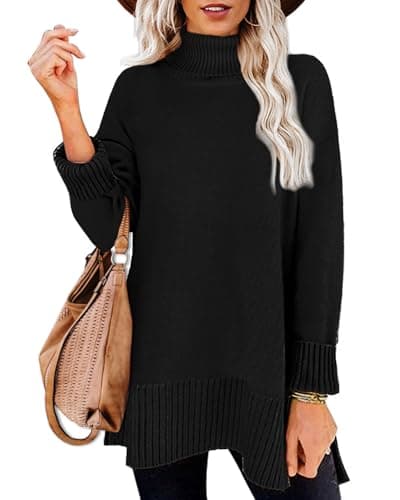 Image of Aokosor Turtle Neck Jumpers for Women UK Ladies Ribbed Sweater Split Tops Black Size 22-24