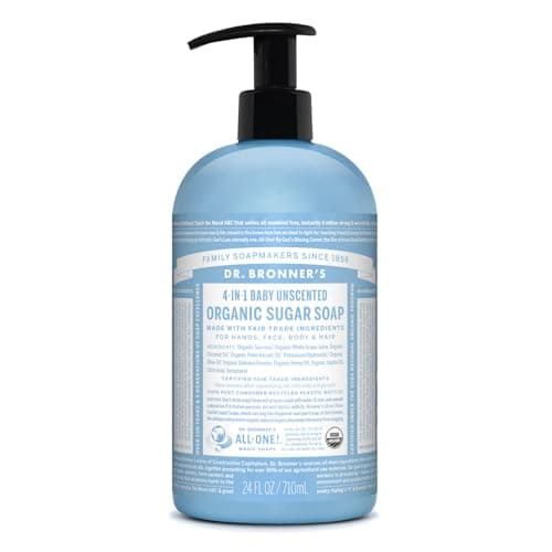 Image of Dr Bronner’s 4-in-1 Organic Unscented Baby Sugar Soap, Made with Organic Oils and Sugar, For Hands, Body, Face & Hair, Fair Trade Certified & Vegan Friendly, 710ml Recycled Pump Bottle