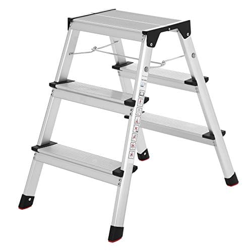 Image of SONGMICS Ladder, 3 Step Ladder, Aluminium Ladder with 3 Non-Slip Steps, Multi-Purpose, Max. Load Capacity 150 kg, Silver Grey and Ink Black GLT23K