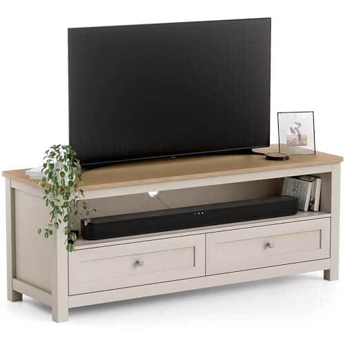 Image of CHRISTOW TV Unit with Storage & Oak-Effect Top, Modern Television Stand with 2 Drawers & Open Shelf, Media Console Cabinet for Living Room, Sturdy MDF, Matte Painted – Pebble, H45 x W118 x D40cm