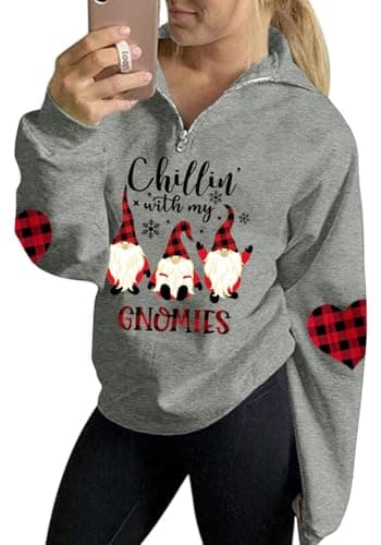 Image of For G and PL Christmas Women's Xmas Pullover Jumper Party Graphic Funny 1/4 Zip Sweatshirt Gnomies Grey XXL
