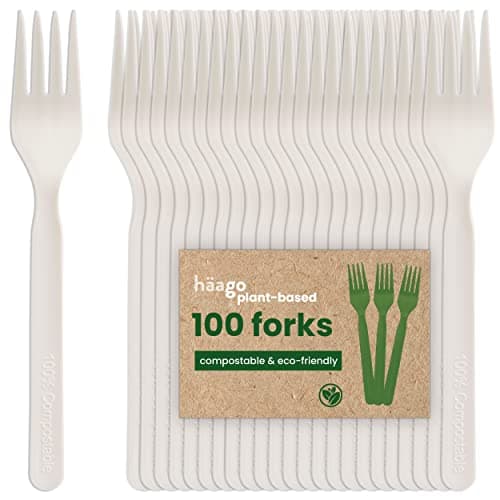 Image of HAAGO 100 Forks Cutlery Set, White (18cm / 7") – Eco-Friendly, Biodegradable & Compostable – Reusable, Heavy-Duty, 100% Natural Utensils for Hot & Cold Food – Plant-Based & BPA-Free