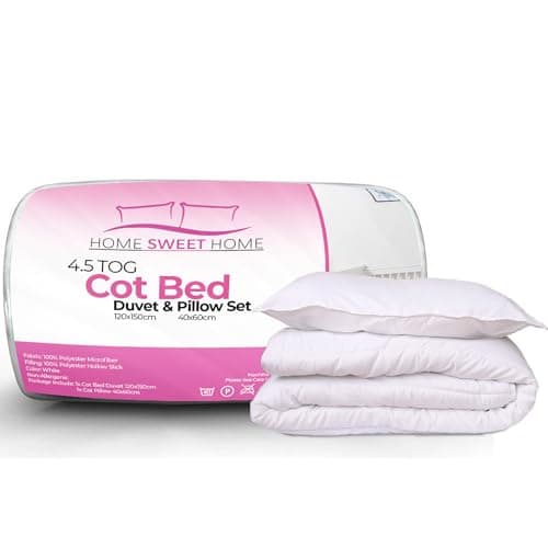 Image of Home Sweet Home UK 4.5 Tog Cot Bed Duvet and Pillow Set 120x150cm – Anti-Allergy Microfibre Toddler Bedding Set, Lightweight Breathable Baby Quilt – Machine Washable Cot Quilt