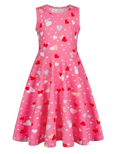 Image of Jurebecia Girls Dress Pink Heart Print Round Neck A-line Swing Pleated Dress Summer Clothes Party Dresses for Kids Sundress 6-7 Years
