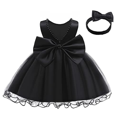 Image of LZH Baby Girls Ruffle Lace Backless with Headwear,Bowknot Flower Dresses Pageant Party Wedding Black