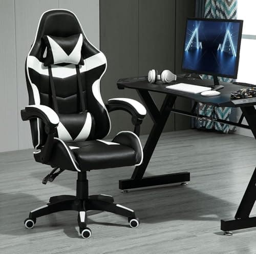 Image of mcc direct Swivel Faux Leather Office Chair Racing Sports Gaming Tilt Computer Desk Chair with Headrest & Lumbar Cushion A - (White)