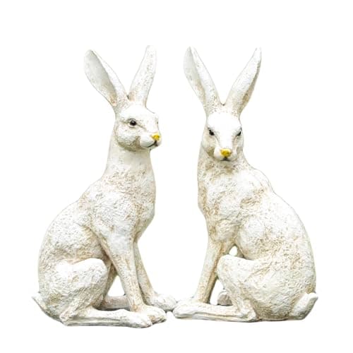 Image of Darthome Garden March Hare Ornaments Set, Aged White Resin, 2 Piece Outdoor Sculptures, 43cm Height, Freestanding Design