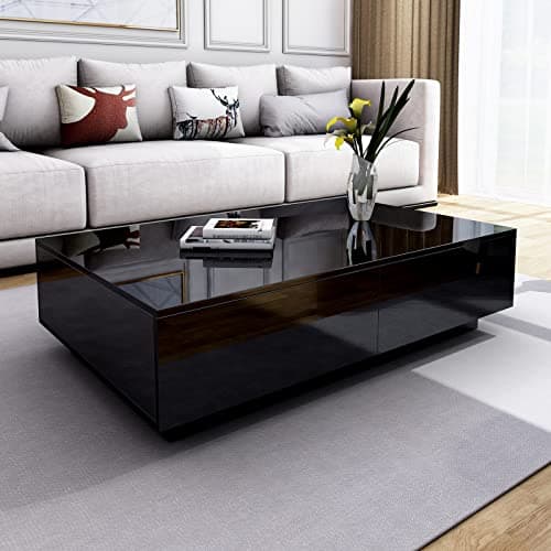 Image of Coffee Table, Centre Table Tea Table for Living Room, Black Gloss Coffee Table, Rectangle Side End Table with 4 Drawers for Home Office Furniture