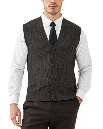 Image of Kallspin Men’s Big Tall Wool Blend Sweater Vest Cable-Knit Button Front Sleeveless Cardigan Smart Casual Jumper Knitwear(Charcoal, 2XL-Tall)
