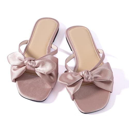 Image of Mtzyoa Women Flat Sandals Braided Leather Nude Summer Dressy Fashion Evening Party Wedding Sandals, Rose Gold Satin, 6 UK