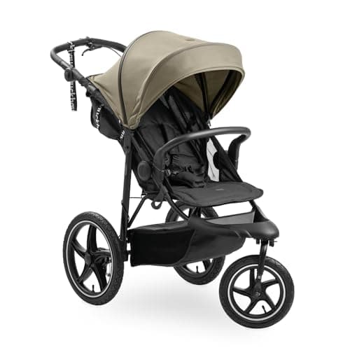 Image of hauck Runner 3, Olive Heavy Duty All-Terrain Stroller with Handbrake, XL Sunshade, Cup Holder, Rain Cover, XL Air Wheels, Reclining Backrest from Birth to 22kg, Handle