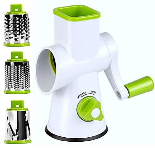 Image of Rotary Cheese Grater - Round Vegetable Mandoline Slicer with 3 Drum Stainless Steel Blades, Dishwasher Safe, Super Vacuum Suction Base (DLG-RG001)
