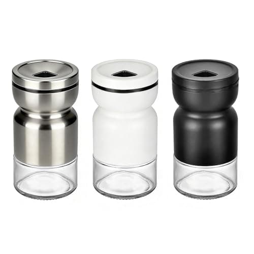 Image of Rieoany 3-Piece Cruet Set Glass and Stainless Steel Salt and Pepper Pots Salt Shaker with Lid and Adjustable Spout (Black, White, Silver)