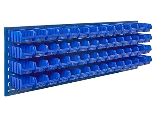 Image of The Workplace Depot Louvre Panel & Bins Kit – Steel Wall-Mounted Storage Organiser 460(H) × 1490(W) mm with Plastic Bins – Ideal Workshop, Garage & Office (Blue, with x30 Medium Bins)
