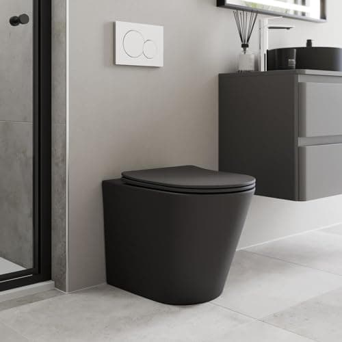 Image of Affine® Modern Bathroom Cloakroom Back to Wall BTW Rimless Toilet Space Saving Small WC Toilets Soft Close Top Fix Seat D Shape Pan Ceramic, Matt Black