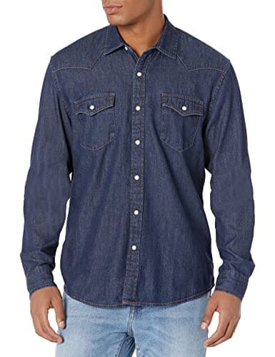 Image of Amazon Essentials Men's Regular-Fit Long-Sleeve Denim Shirt, Rinsed, S