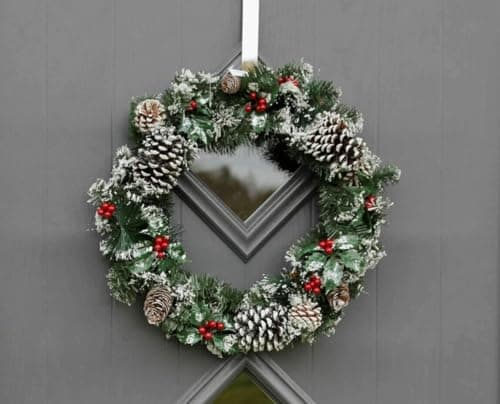 Image of HomeZone Christmas Wreath 50cm Snowy Front Door Garland - Artificial Winter Wreath with Red Berries & Pinecones - Rustic Christmas Decorations Wreath for Indoor or Outdoor Door Decoration