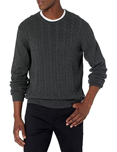 Image of Amazon Essentials Men's Crewneck Cable Cotton Jumper, Charcoal Heather, S
