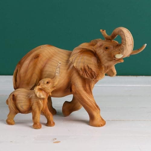 Image of Wood Effect Elephant and Baby Ornament
