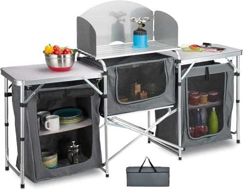 Image of DWD Aluminum Portable Grey Fold-Up Camping Kitchen with Windscreen & 5 Enclosed Cupboards,Cook Station, BBQ, Camping, Picnic, Kitchen Mesh-Door Storage Shelves Carrying Bag 175cm W x 46cm D x 111cm H