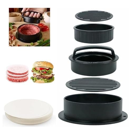 Image of Burger Press, Burger Pattie Press 3 in 1 Set, Stuffed Burger Sandwich Cutter, Meat Beef Vegetable Hamburger Pattie Mould with 50 Pieces of Wax Paper.
