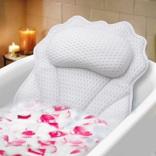 Image of Bath Pillow RUVINCE Ergonomic Luxury bathtub pillow with head,Neck, Shoulder and back support, 4D bath pillows for tub with 6 Powerful Suction Cups, Fits all Bathtub (White)