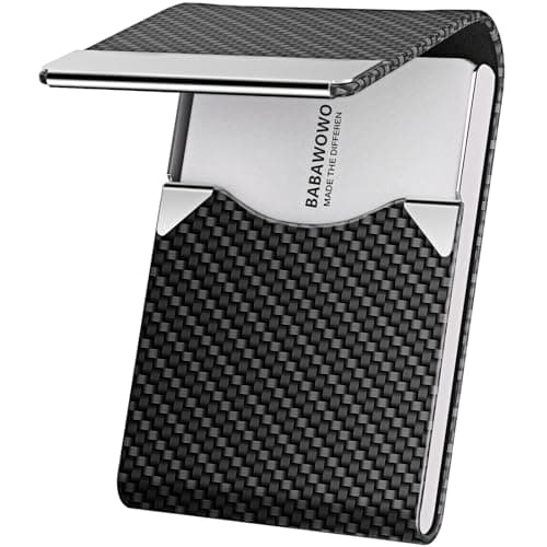 Image of BABAWOWO Business Card Holder – Slim RFID-Blocking Card Case with PU Leather & Stainless Steel, Magnetic Closure, Holds 10-25 Cards for Men & Women (Black Carbon)