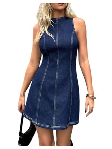 Image of GORGLITTER Denim Dresses for Women Sleeveless Crewneck A Line Flared Mini Tank Sundress Summer Trendy Going Out Dress with Zipped Back Blue Small
