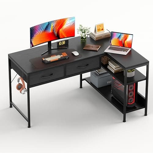 Image of CAIYUN L Shaped Computer Desk with 2 Drawers, 100CM Office Corner Desk with 2 Storage Shelves, Working Table Study Table for Home Office Desk, Black