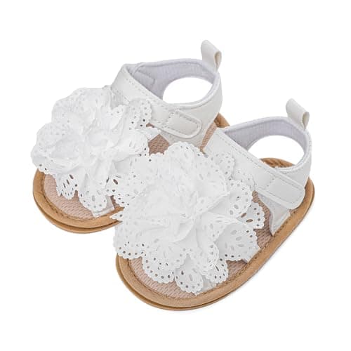 Image of LACOFIA Baby Girls Sandals Infant Breathable Summer Flower Sandals First Walking Shoes with Anti-Slip Soft Sole White 12-18 Months