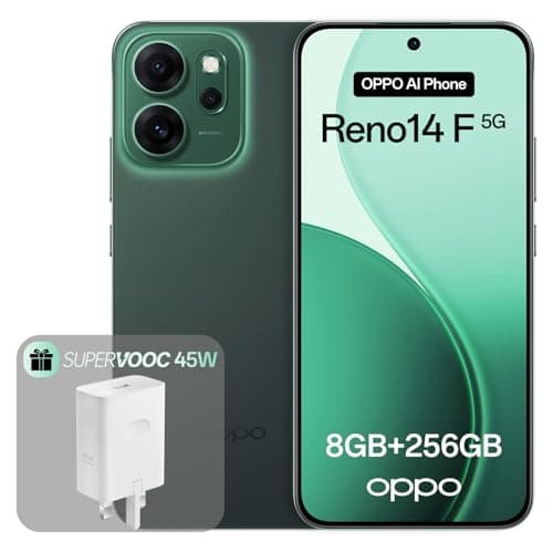 Image of OPPO Reno14F 5G 8+256GB, Android Smartphone Unlocked AI, 6.57 Inch 120Hz AMOLED Display, AI Camera 50+32MP, 6000mAh Battery, IP69, Luminous Green (Includes 45W SuperVOOC Charger)