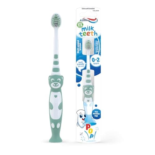 Image of Aquafresh Milk Teeth Baby Toothbrush, Specially Designed for Children aged 0-2 by Dental Experts, Toddler Toothbrush in Plastic-free Packaging, Extra Soft Bristles - Assorted (Random) Color
