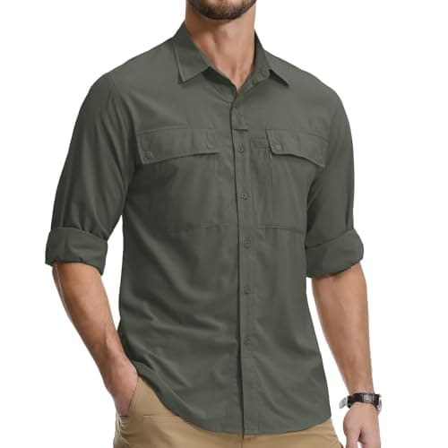 Image of Jessie Kidden Mens Safari Shirts Long Sleeve UV Protection Hiking Fishing UPF 50+ Quick Dry Cooling Camping Travel Shirts #5060-Aymy Green-L